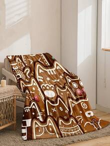 1 Stück Katzenmotiv Lebkuchen bedruckte superweiches Fleece Decke, Damen Überwurf Decke, Flanell Material, Weihnachtsgeschenk für Familie und Freunde, warm und praktisch für Schlafzimmer, Wohnzimmer, Weihnachtsdekoration, Büronickerchen, Camping Picknick, braune Decke
