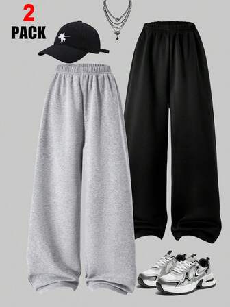 2pcs Teenage Boys' Solid Color Minimalist Casual Pants Set