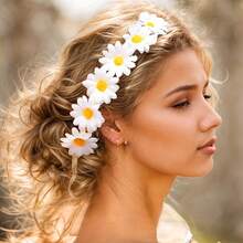 1 Piece Bohemian Chic Daisy Hair Wreath - Polyester And Spandex Flower Crown, Hippie Sunflower Headpiece, Suitable Bride, Photo Prop, No Feathers, Wedding Bride Hair Wreath - 白色 - 查看 5