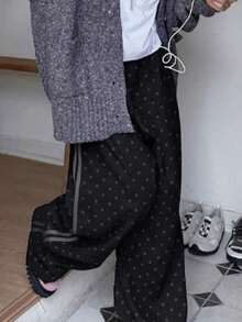 可爱复古日系高腰显瘦波点直筒休闲裤