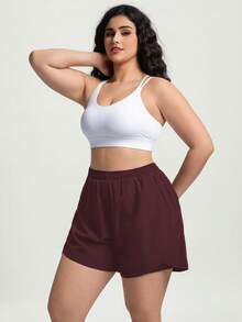 1pc Plus Size Women's Shorts, 2-In-1 Solid Color Lining 2 In 1 Sports Pants, Elastic Waist Two Pieces Set, Suitable For Running, Sports, Yoga, Fitness In Summer - Burgundy - View 6