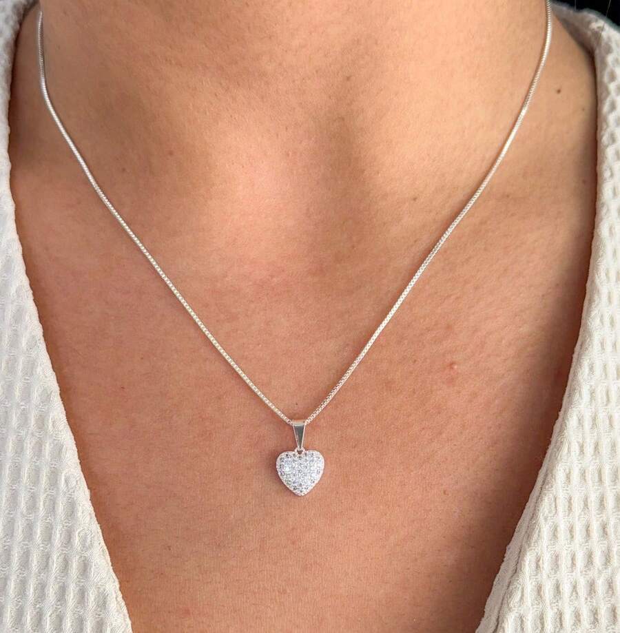 Elegant Women's Necklace With A Heart-Shaped Pendant Inlaid With Zirconia. The Surface Is Coated With 925 Silver. - 銀色 - 查看 1