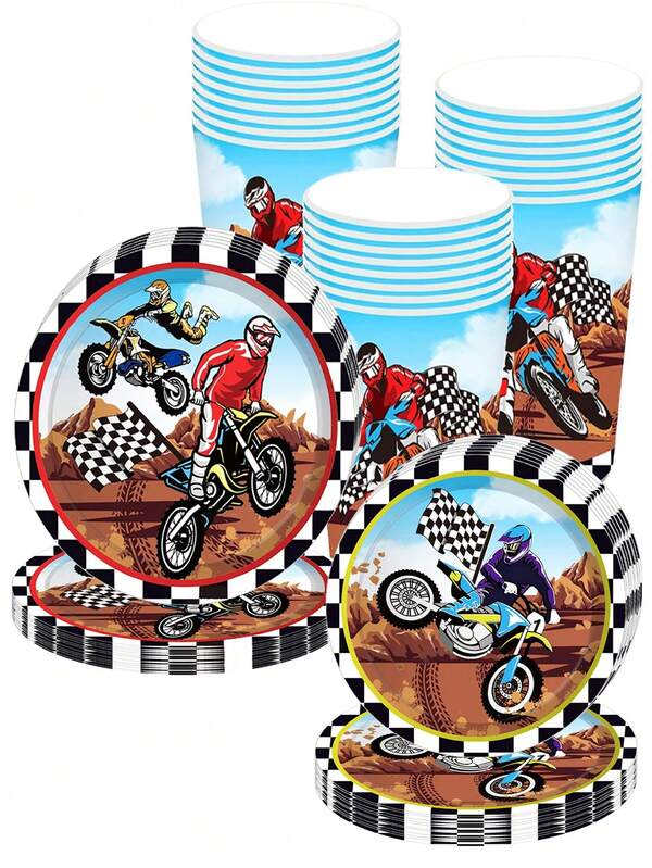 10 Stücke Schmutziges Fahrrad Party Besteck Set, Motorrad Fahrrad Geburtstags Party, Party 18 cm/23 cm Pappteller und 266 ml Pappbecher Besteck Set, geeignet für Outdoor Feldparty, Fahrrad Party, Radfahrer Wettbewerbs Party, Geburtstagsparty