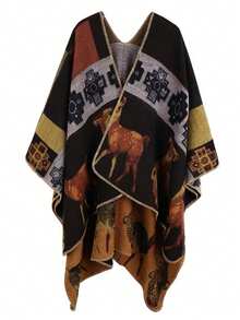 1PC Multi-Functional, Enlarged And Thickened Cape That Can Be Used Throughout The Four Seasons, With A Small Floral Border Design And A Hooded Shawl. It Is Suitable For Outdoor Windproof And Warmth Keeping, As Well As Travel Photography And Holiday/Performance Dressing