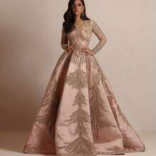 Elegant Pink Sequin Gown For Women - One-Shoulder, Long Sleeve, Flowing Design With Golden Leaf Embellishments, Perfect For Formal Events, Weddings, And Special Occasions, Formal Evening Wear | Sophisticated Style | Intricate Embroidery - Golden - 查看 1