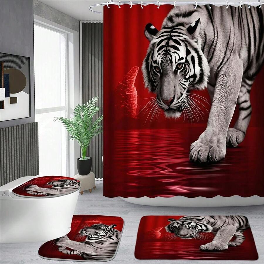 1/4 Tiger Pattern Shower Curtain Set With 12 Hooks, Non- Bathroom Floor Mats, Toilet U-Shaped Mats, Toilet Seat Mats, Bathroom Decorations, Bathtub Partitions Gift Modern Home Decor Home Good Pastel - 紅色 - 查看 1