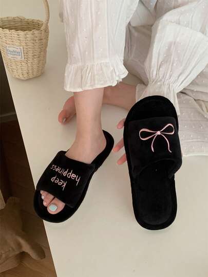 XIXITIAO 1 Pair Letter & Bow Embroidered Flat Slippers, Girly Style, Versatile Indoor Casual Soft Bottom Slippers For Women, Autumn/Winter, Comfortable Home Slippers With Letter & Bow Pattern