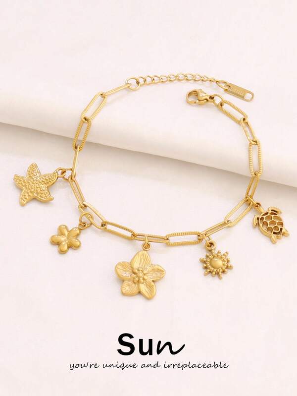 1pc Stainless Steel Flower Pendant Bracelet For Women Fashion Design Gold Color Starfish Sun Charms Chain Bracelets Jewelry