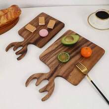 1 pieza Tabla de cortar con forma de cuerno de ciervo de madera de rosa, madera maciza, adecuada para cortar carne, queso, pan, verduras y frutas - Tabla de charcutería, tabla de quesos, ideal para rebanar y exhibir alimentos, bandeja decorativa navideña - color madera - Ver 5