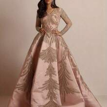 Elegant Pink Sequin Gown For Women - One-Shoulder, Long Sleeve, Flowing Design With Golden Leaf Embellishments, Perfect For Formal Events, Weddings, And Special Occasions, Formal Evening Wear | Sophisticated Style | Intricate Embroidery - Golden - 查看 3