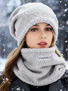 2pcs Solid Color Hat And Scarf Set - Fleece Lined, Warm, Polyester Soft Material, Suitable For Daily Wear, Outdoor Cycling, Cold Weather Accessories For Winter