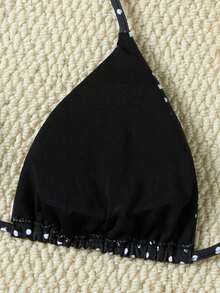 Set de 2 piezas de bikini con cuello de halter, estampado de lunares y volantes en la Bottom, adecuado para la playa - Negro - Ver 6