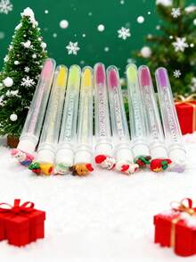 1/3/5/7/10支装哑光磨砂圣诞卡通图案睫毛刷眉刷便携管状化妆刷套装，带透明收纳盒，图案包括雪花、雪人、拐杖糖、驯鹿、铃铛等，可用于眉刷、眼影刷等。 - 彩色 - 查看 5