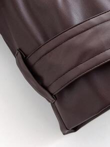 Solid Color Lapel Belt Short Faux Leather Windbreaker, Spring/Autumn - Brown - View 8