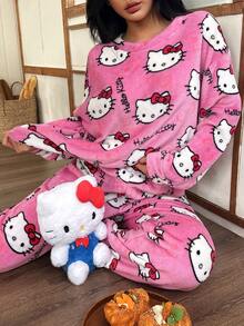 Sanrio 女士保暖长袖睡衣套装（两件套），包含上衣和裤子，秋冬季保暖舒适。 - 粉色 - 查看 6