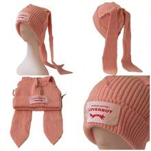 1PC Winter Knitted Hats For Women Added Fluff Fleece-Lined Hats Cute Rabbit Ear Soft Warm Thick Acrylic Luxury Brand Label Patched Beanies Skullies Personalized Casual Party Couples Hats - Multicolor - 查看 3