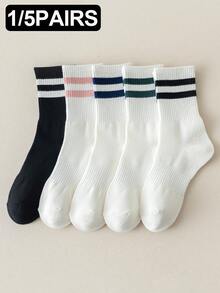 1/3/4/5 双装 女士白色经典条纹腰部舒适柔软简约休闲运动中筒袜