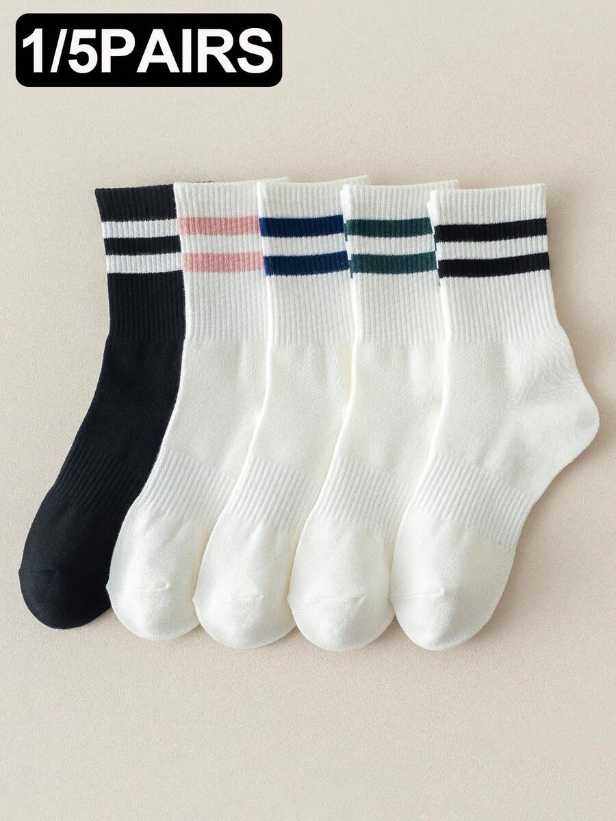 1/3/4/5 双装 女士白色经典条纹腰部舒适柔软简约休闲运动中筒袜
