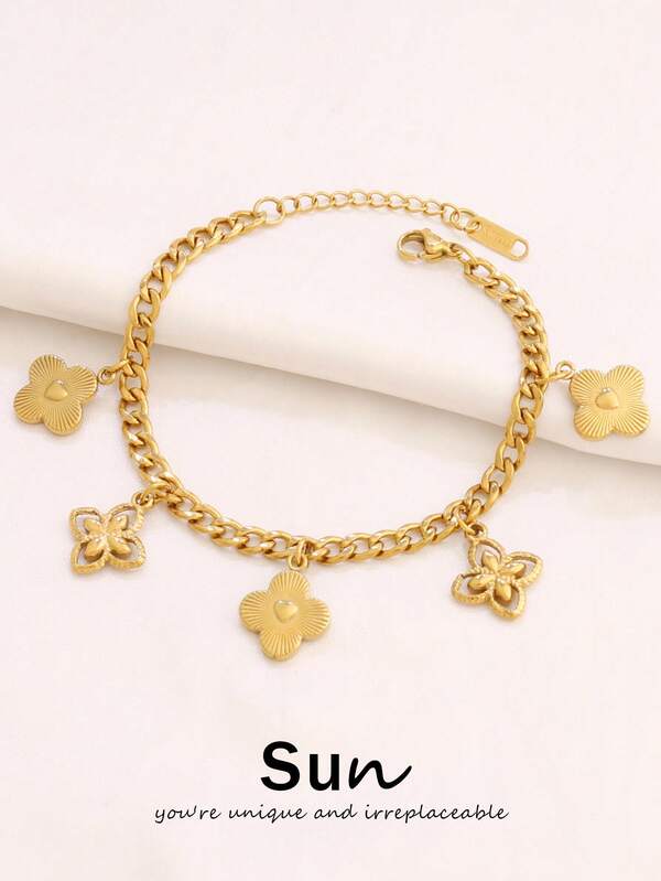 1pc Stainless Steel Four Leaf Clover Pendant Bracelet For Women Fashion Design Gold Color Charms Chain Bracelets Jewelry