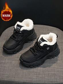 1 Pair Women Casual Thermal Lined Chunky Sneakers, Round Toe Lace-Up Outdoor Winter Leather Shoes - Black Velvet - View 3