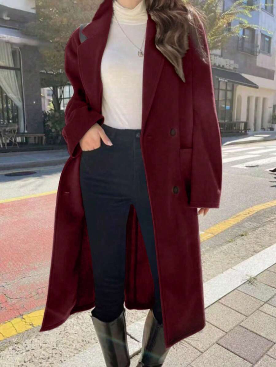 女式秋季双口袋翻领双排纽扣上衣中长夹克 - 酒紅色 - 查看 1
