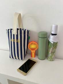 时尚条纹女士小手提包，休闲帆布小包，轻便可折叠小方包，黑色字母个性设计，可装钥匙、水瓶、手机及个人物品，适合外出、散步、携带宠物 - 寶藍色 - 查看 7