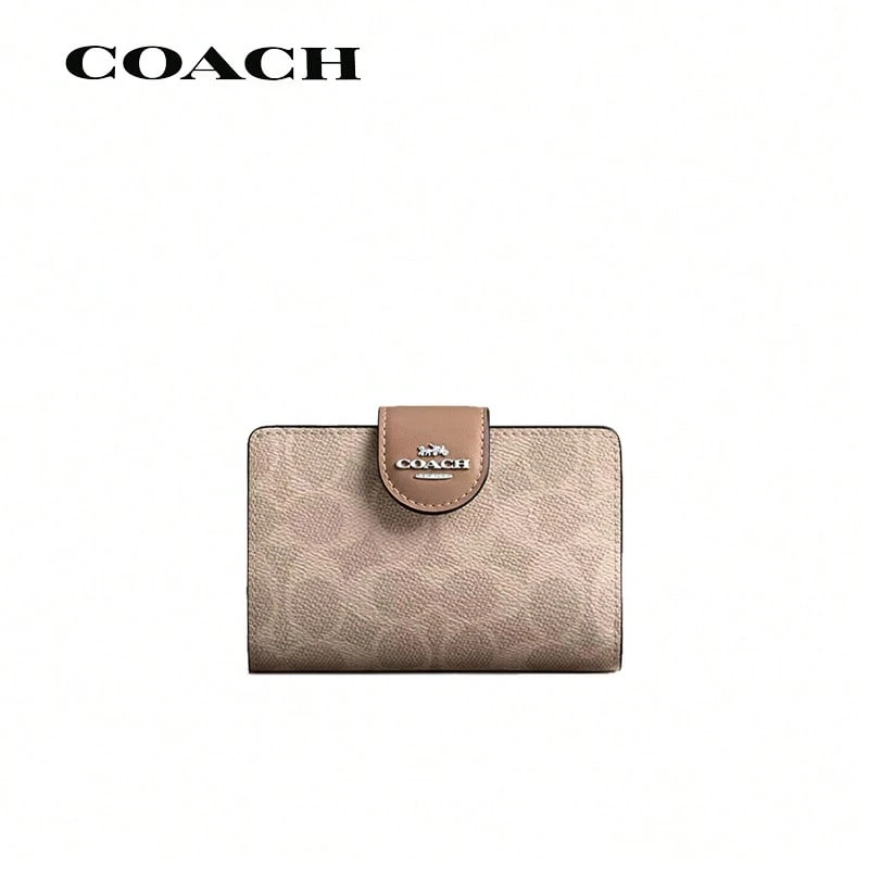 COACH Signature Canvas 13 Women's Coin Purse With Classic Logo Snap Closure - CW786 SVPWH [Light Khaki and Brown] - View 1