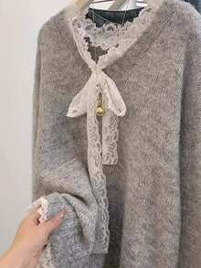 Women's Casual Cute Lace Trim Grey Knitted Sweater Top Pullover Long Sleeve Drop Shoulder Sweet Chic Office Work Fall Winter Going Out Outfits Clothes Christmas Thanksgiving