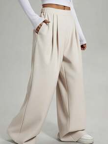 Stylish Plus Size Woven Fabric Wide Leg Pants Long With Pockets Non-Stretch For Everyday Wear - Apricot - View 5
