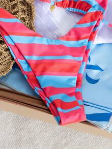 Bộ đồ bơi đi biển hở lưng in họa tiết sọc gợi cảm buộc dây phía trước - Nhiều màu - Xem 4