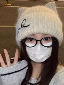 Gestrickte Damenmütze mit niedlichem Katzenohr-Design, warme Beanie-Mütze für Herbst/Winter