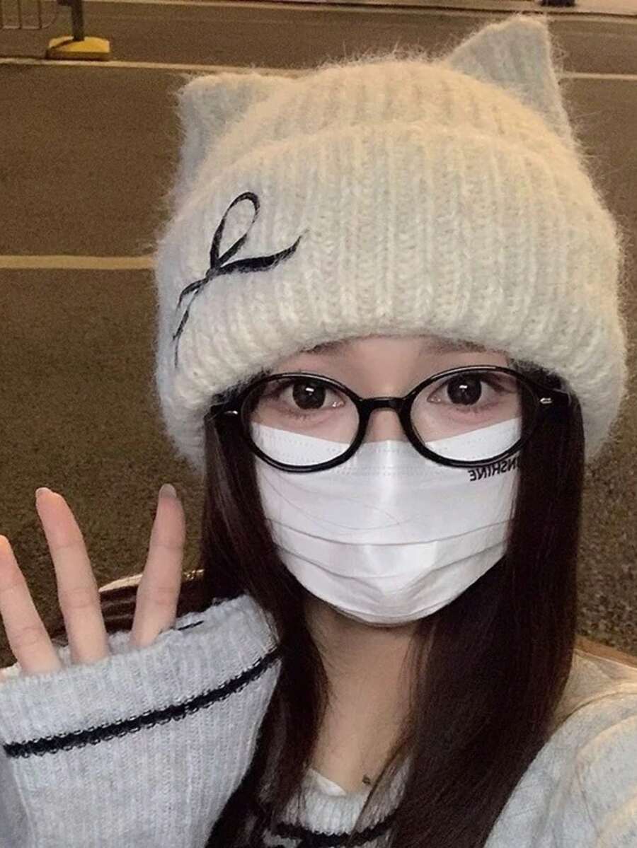 Gestrickte Damenmütze mit niedlichem Katzenohr-Design, warme Beanie-Mütze für Herbst/Winter