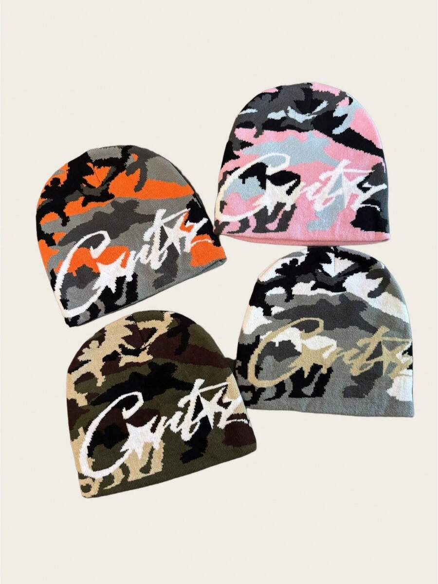 1pc Camouflage Letter Knit Beanie, Unisex Warm Winter Hat, Suitable For Casual, Streetwear, Couples, Students, Autumn/Winter