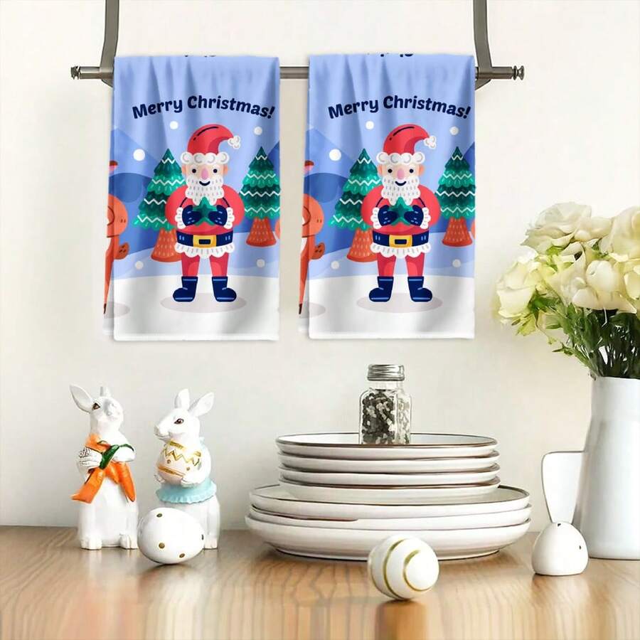 2PCS Christmas Kitchen Towels Merry Christmas Santa Claus Tree Dish Towels, Aesthetic Design, Fine Workmanship, Highly Absorbent, Suitable For, Gym, Dining Room, Outdoor, Winter Decor Gift