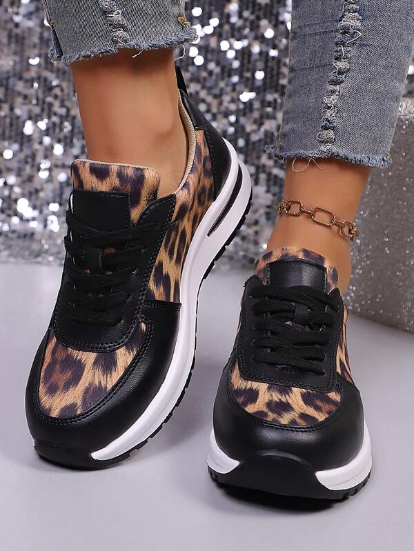 Women's Fashion Leopard Print Sneakers, Retro Casual Comfortable Flat Walking Shoes, Lace-Up Low-Top Non-Slip, Women's Casual Sports Tennis Shoes Leopard Print Sports Lace-Up Metal Eyelets For Home Gym All Season