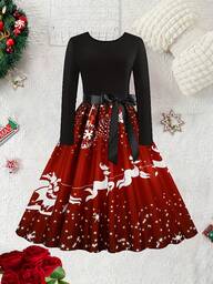 Christmas กวางเรนเดียร์ & เกล็ดหิมะ พิมพ์ลาย คอกลม เอวสูง เย็บปะ แขนยาว ชุดเดรสทรงเอ พร้อมริบบิ้น