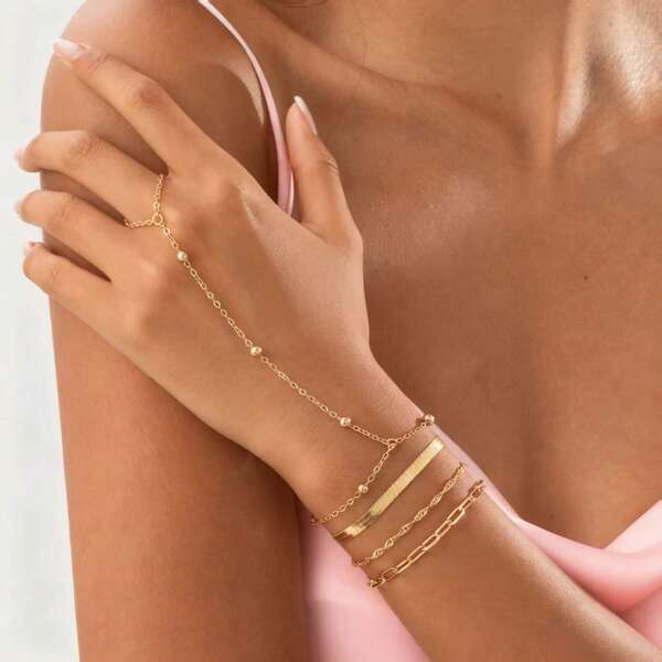 1 سلسلة خاتم مسطحة ذات طابع بوهيمي عصري، سلسلة خاتم دائري صغير، سوار سلسلة حلقات من الفولاذ المقاوم للصدأ بضمان استمرارية اللون، مناسب للاستخدام اليومي للنساء (لون الماس عشوائي)