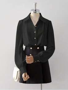 QIANZHIDU 白色纯色女式衬衫，长袖上衣，办公制服，工作服，简约穿搭，早午餐装，音乐节穿搭，商务会议，婚礼，秋季，返校季，优雅，极简，西式，外套，教师装，商务休闲，女式衬衫，职业装，优雅女式衬衫，春季穿搭，派对衬衫，休闲女式衬衫，女式衬衫 - 黑色 - 查看 5