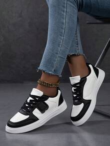 Women's Casual Sneakers, Fashion White Shoes, Street Style Skateboard Shoes, Lightweight - Black and White - View 2