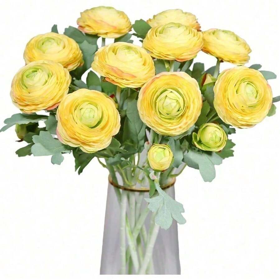 Artificial Ranunculus Flowers With Real Touch Stem, Silk Ranunculus Flowers(10 Pack) (White)-KF - Yellow - View 1