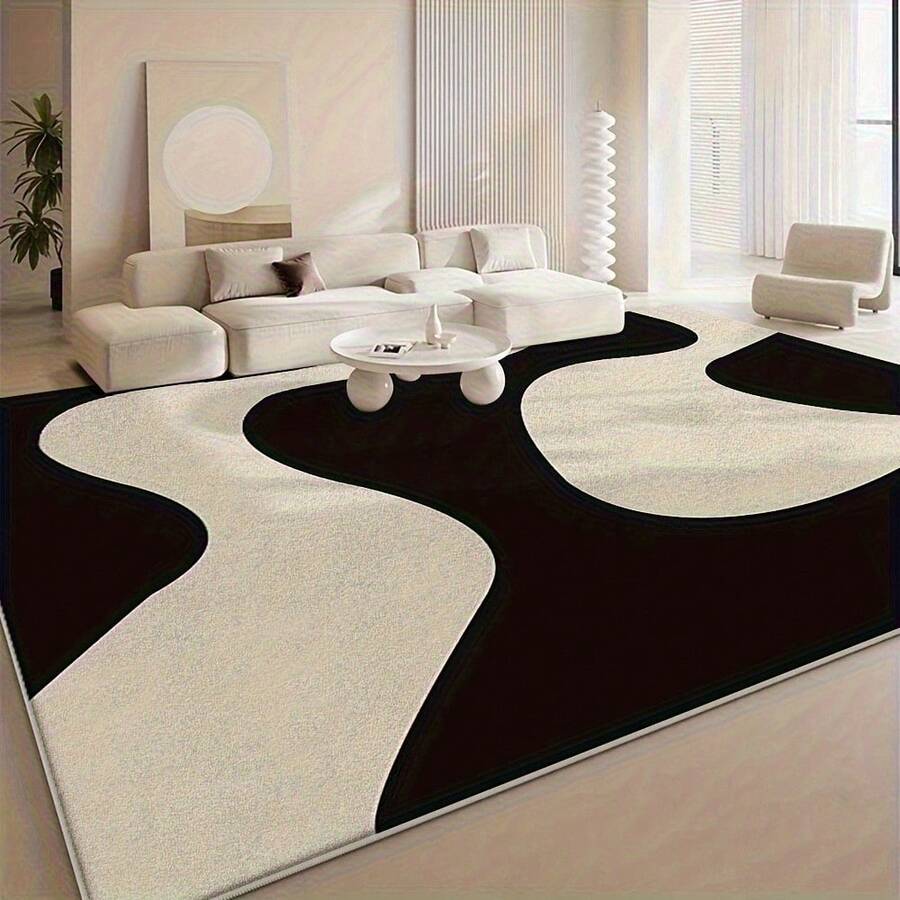 1 Piece Modern Abstract Black And Cream Area Rug - Machine Washable Square Carpet, Suitable For Living Room, Bedroom, Wedding, Halloween, Thanksgiving Home Decoration, Event Setup, Multi-Functional High-End Appearance Floor Covering - 彩色 - 查看 1