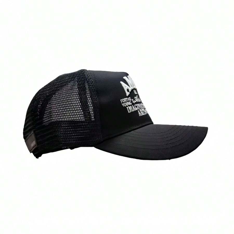 Cool Black Mesh Baseball Cap, Personalized Letter Embroidery Breathable Sun Hat, Street Style Fashion All-Match Hat - 黑色 - 查看 1