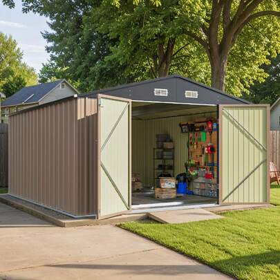 10 X 12 FT Metal Storage Shed For Outdoor With Floor Frame, Steel Yard Shed With Design Of Lockable Doors, Utility And Tool Storage For Garden, Backyard, Patio, Outside Use,Brown,24304472