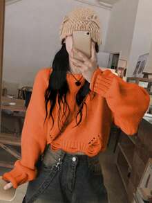 女式休闲街头风格宽松破洞毛衣 - 桔色 - 查看 3
