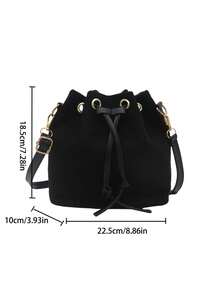 女士抽绳迷你斜挎水桶包绗缝休闲户外包 - 黑色 - 查看 2