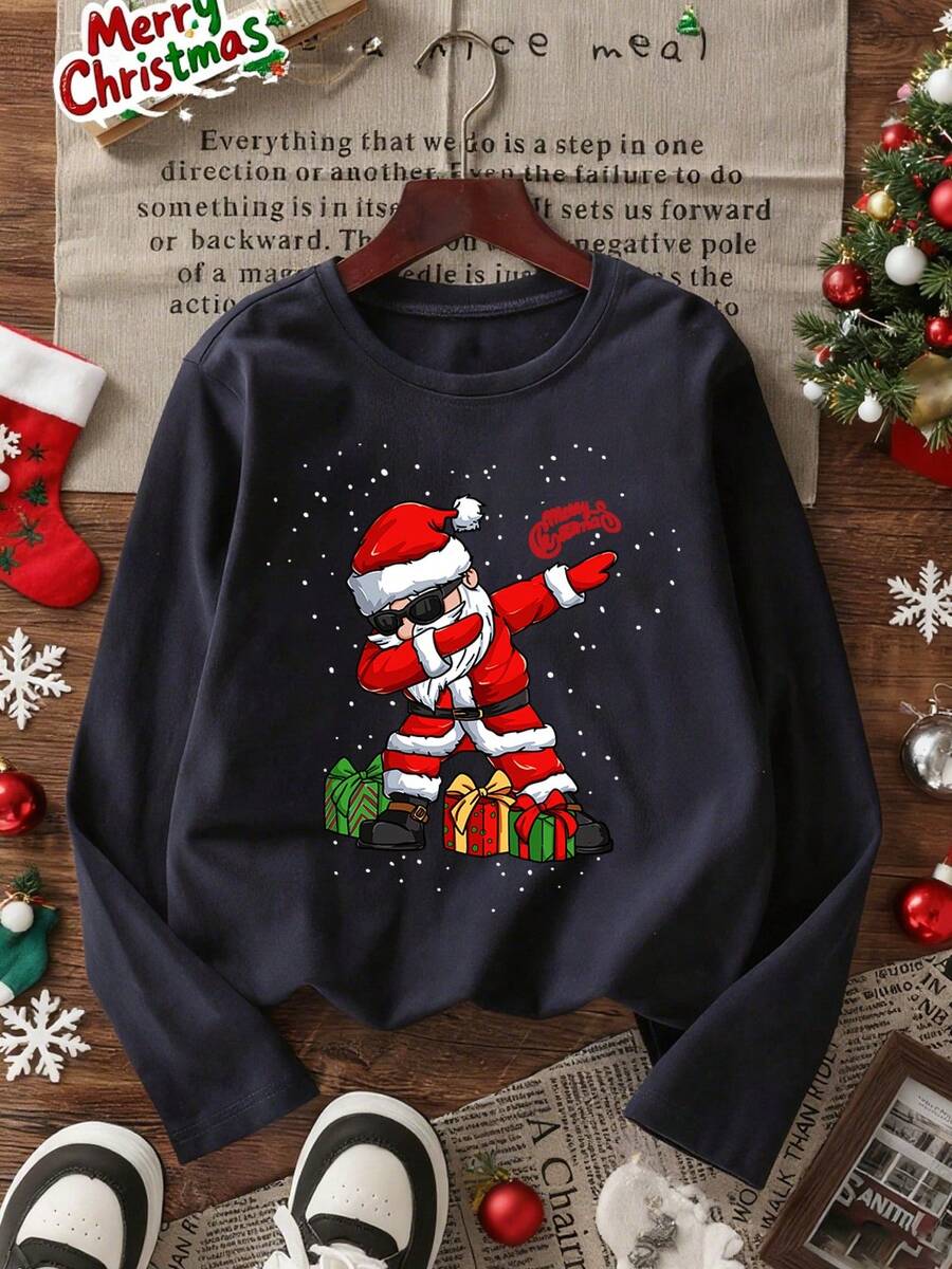 [Christmas Party] 1pc Tween Girl Casual Santa Claus Print Long Sleeve T-Shirt, Spring/Autumn, Fashionable Warm And Comfortable Style For Young Students, Unisex For Boys And Girls - Navy Blue - View 1