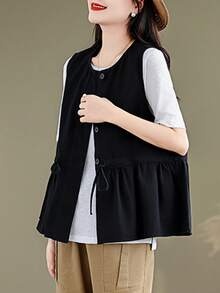 YUXIN Women's Sleeveless Loose Vest, Button Front Drawstring Waist Casual Autumn Outerwear - Black - View 6