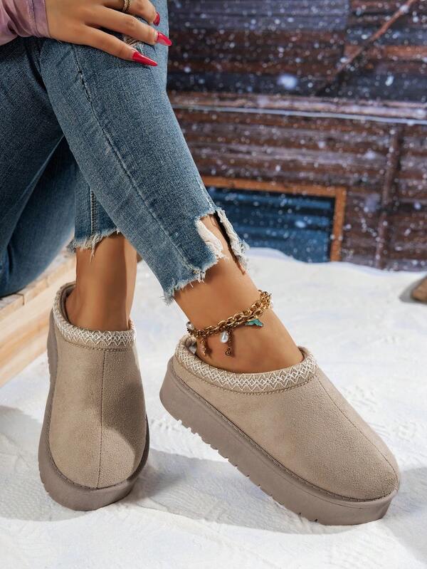 Thick Sole Round Toe Flat Slippers; Slouchy Slip-On Shoes; Flat Shoes; Slip-On Shoes; Flat Boots, Thick Sole Boots, Fashionable Fuzzy Warm Minimalist Solid Color Indoor Outdoor Travel Vacation Home Slippers, Thick Sole Slippers, Flat Slippers, Boot Shoes