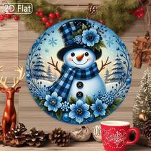 2D Flat, 1pc Winter Snowman Metal Wall Decor - Blue Snowman With Red Bow Tie And Scarf, 20x20cm Round Iron Sign, Suitable For Home, Kitchen, Seasonal Winter Corner Decoration, Snowman Decor, Kitchen Decor, Holiday Decor, Durable Decor, Pre-Drilled Holes - Multicolor - View 1