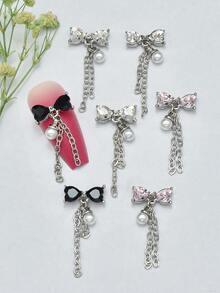 5 Pcs Bow Pearl Chains Nail ArtCharms, Luxury Heart Rhinestone &Bow Pearl Pendant Nail CharmsJapanese & Korean Style Nail Decorations, Nail Art Supplies